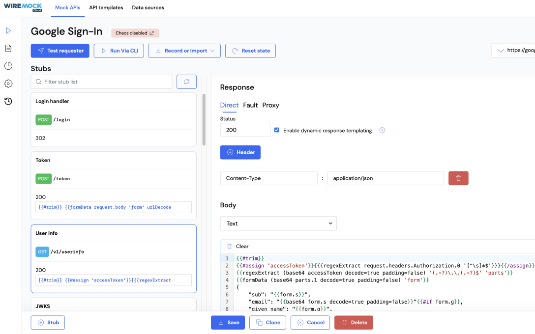 WireMock Cloud editor showing a stateful mock of the Google Sign-In API